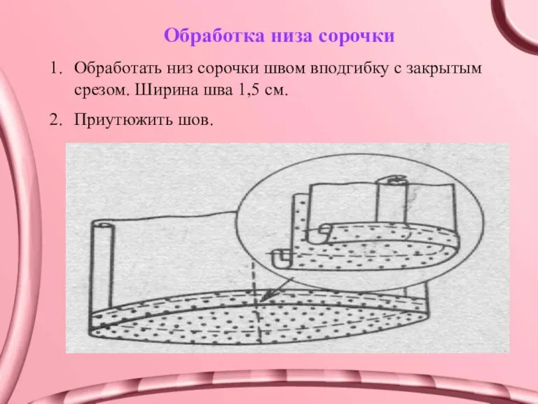 Обработка низа сорочки Обработать низ сорочки швом вподгибку с закрытым