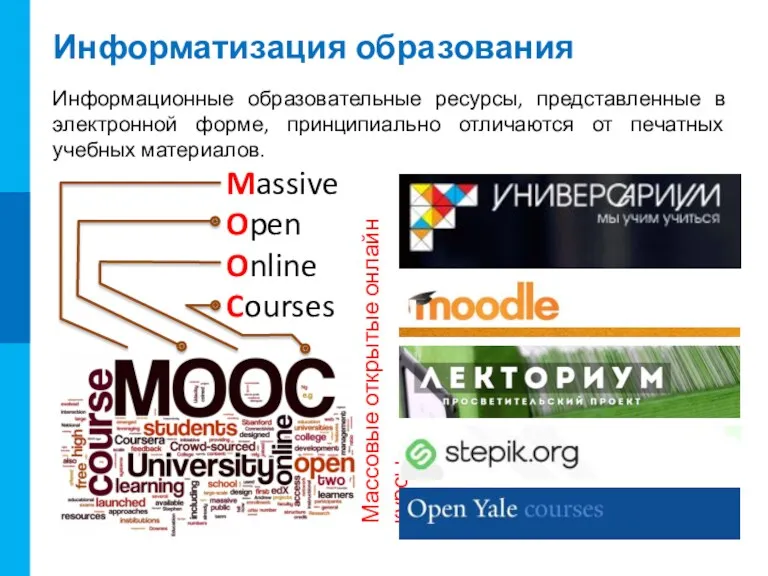 Информатизация образования Информационные образовательные ресурсы, представленные в электронной форме, принципиально