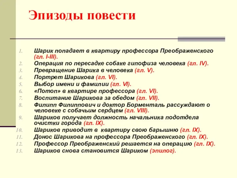 Эпизоды повести Шарик попадает в квартиру профессора Преображенского (гл. I-III).