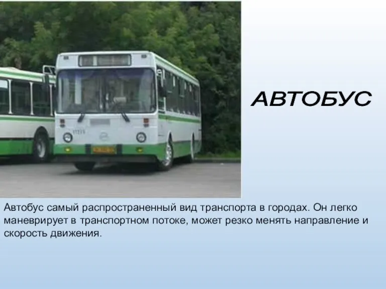 АВТОБУС Автобус самый распространенный вид транспорта в городах. Он легко