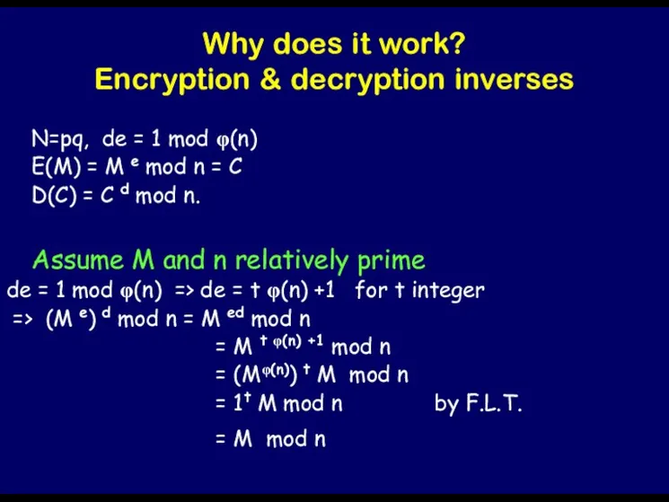 Why does it work? Encryption & decryption inverses N=pq, de