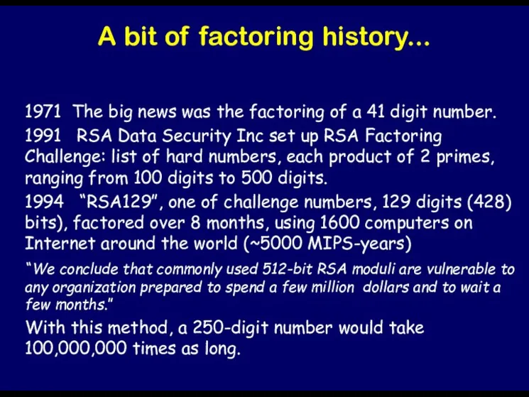 A bit of factoring history... 1971 The big news was