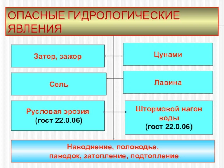 ОПАСНЫЕ ГИДРОЛОГИЧЕСКИЕ ЯВЛЕНИЯ Затор, зажор Сель Лавина Штормовой нагон воды