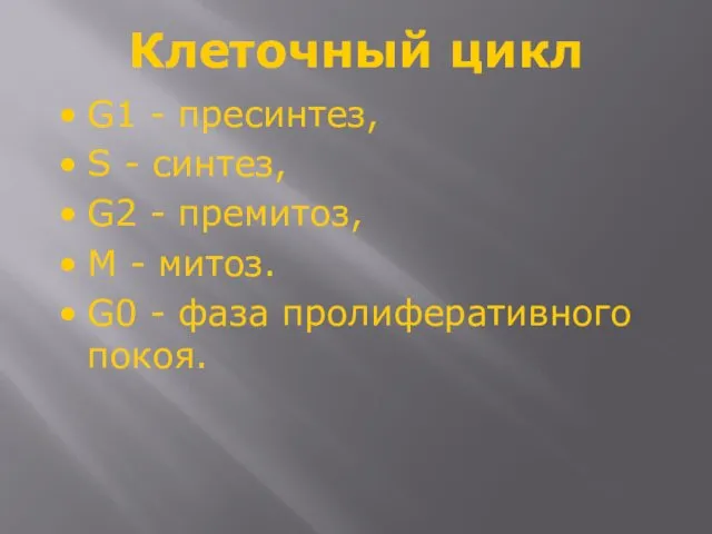 Клеточный цикл G1 - пресинтез, S - синтез, G2 -