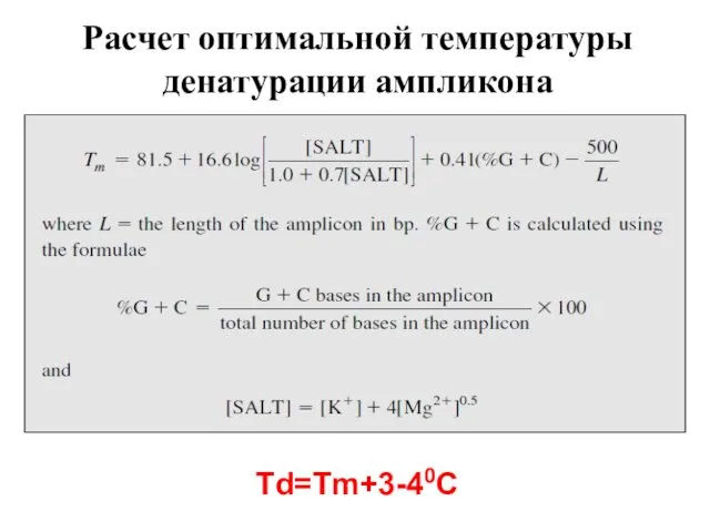 Расчет оптимальной температуры денатурации ампликона Td=Tm+3-40С
