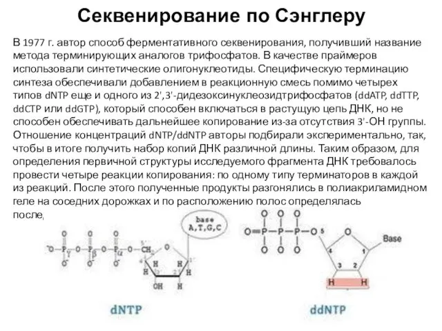 Секвенирование по Сэнглеру В 1977 г. автор способ ферментативного секвенирования,