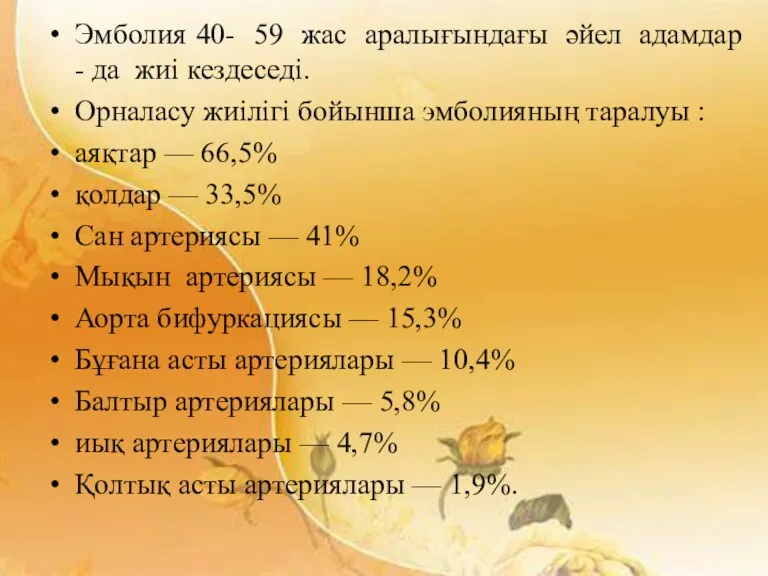 Эмболия 40- 59 жас аралығындағы әйел адамдар - да жиі