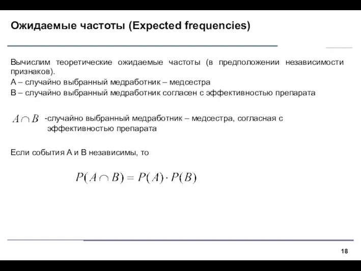 Ожидаемые частоты (Expected frequencies) Вычислим теоретические ожидаемые частоты (в предположении