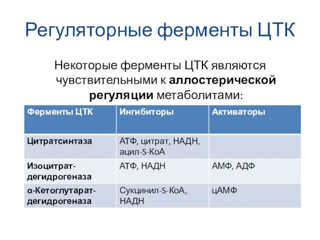 Регуляторные ферменты ЦТК Некоторые ферменты ЦТК являются чувствительными к аллостерической регуляции метаболитами: