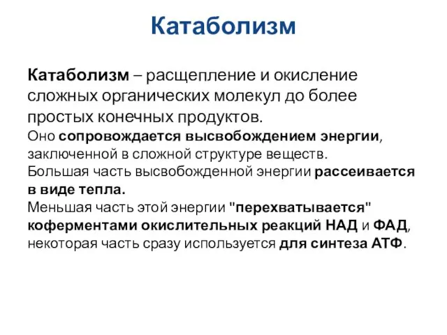 Катаболизм Катаболизм – расщепление и окисление сложных органических молекул до