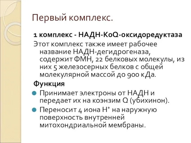 Первый комплекс. 1 комплекс - НАДН-КоQ-оксидоредуктаза Этот комплекс также имеет