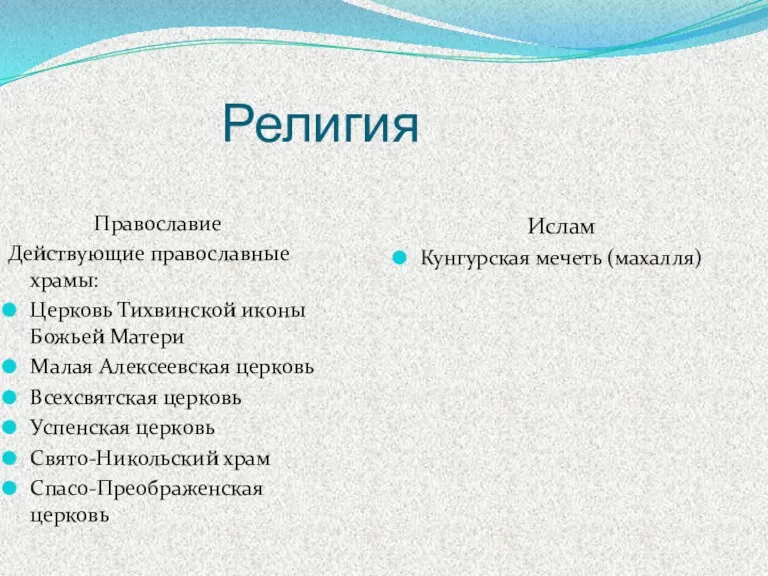 Религия Православие Действующие православные храмы: Церковь Тихвинской иконы Божьей Матери