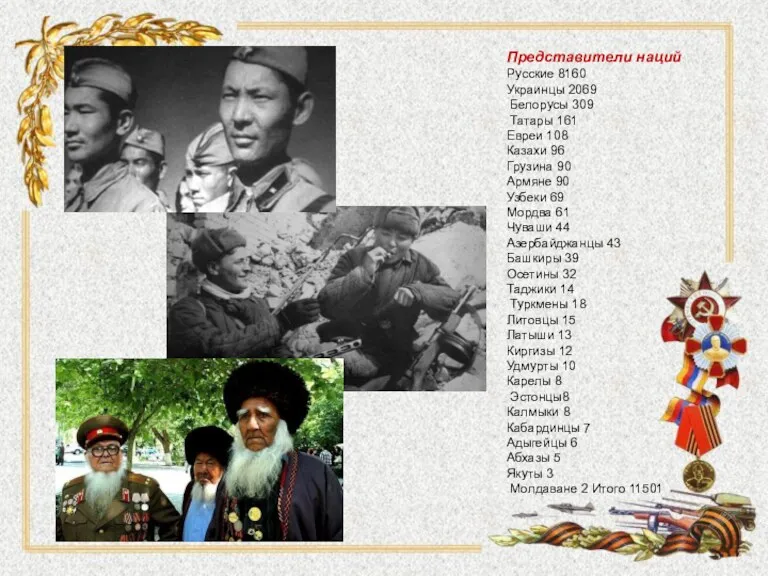 Представители наций Русские 8160 Украинцы 2069 Белорусы 309 Татары 161
