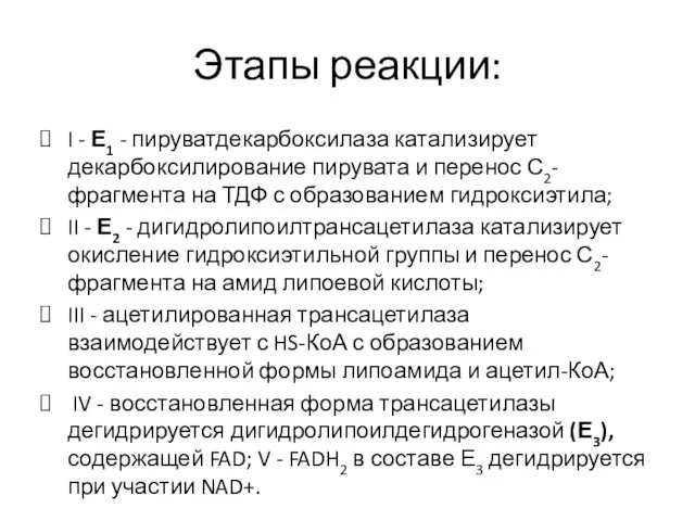 Этапы реакции: I - Е1 - пируватдекарбоксилаза катализирует декарбоксилирование пирувата