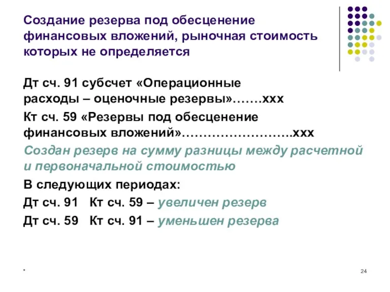 * Создание резерва под обесценение финансовых вложений, рыночная стоимость которых