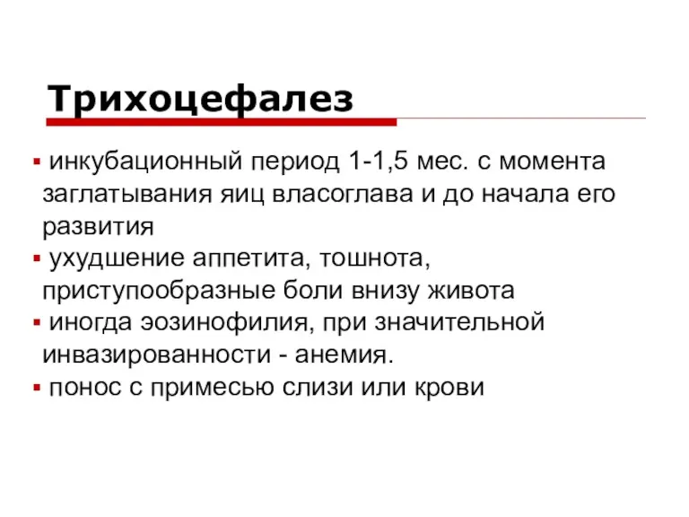 инкубационный период 1-1,5 мес. с момента заглатывания яиц власоглава и