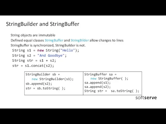 String objects are immutable Defined equal classes StringBuffer and StringBilder