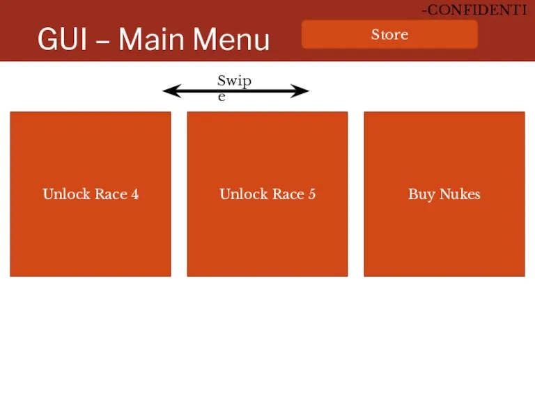 GUI – Main Menu Store Unlock Race 4 Unlock Race 5 Swipe Buy Nukes