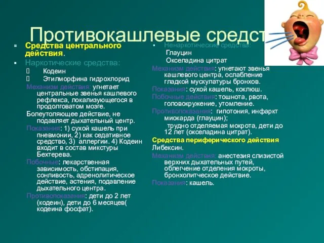 Противокашлевые средства: Средства центрального действия. Наркотические средства: Кодеин Этилморфина гидрохлорид