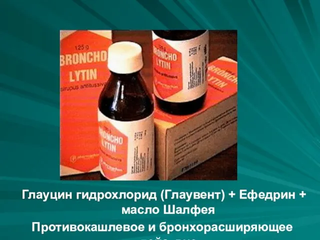 Глауцин гидрохлорид (Глаувент) + Ефедрин + масло Шалфея Противокашлевое и бронхорасширяющее действие