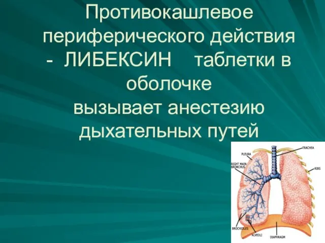 Противокашлевое периферического действия - ЛИБЕКСИН таблетки в оболочке вызывает анестезию дыхательных путей