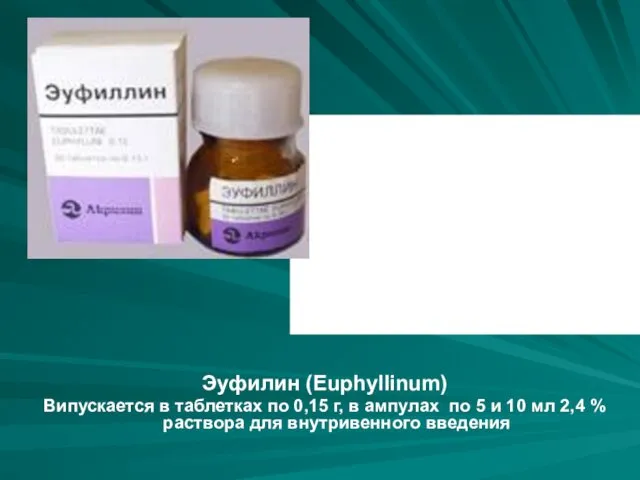 Эуфилин (Euphуllinum) Випускается в таблетках по 0,15 г, в ампулах