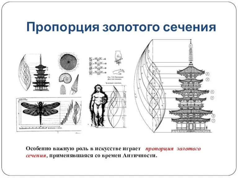 Пропорция золотого сечения Особенно важную роль в искусстве играет пропорция золотого сечения, применявшаяся со времен Античности.