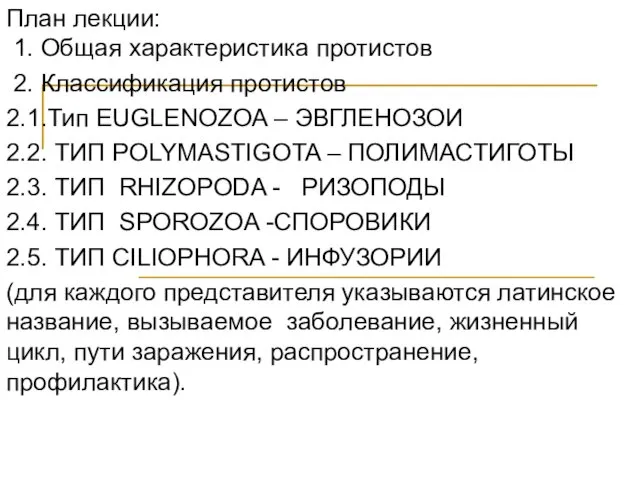 План лекции: 1. Общая характеристика протистов 2. Классификация протистов 2.1.Тип