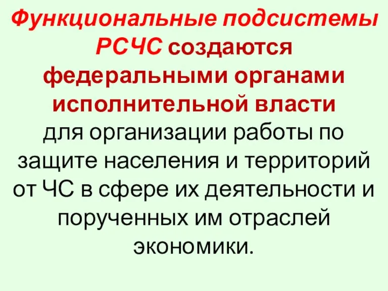 Функциональные подсистемы РСЧС создаются федеральными органами исполнительной власти для организации