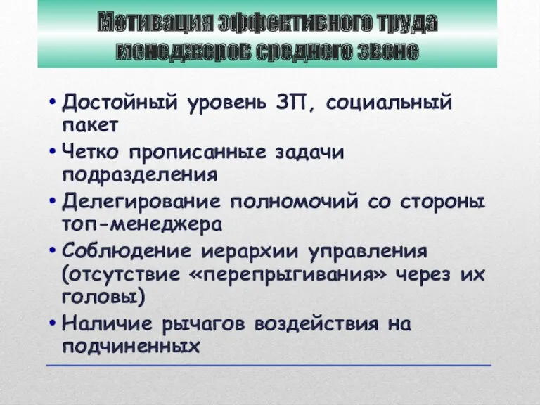 Мотивация эффективного труда менеджеров среднего звене Достойный уровень ЗП, социальный