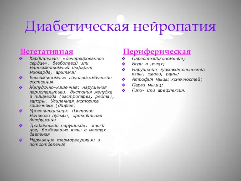 Диабетическая нейропатия Вегетативная Кардиальная: «денервированное сердце», безболевой или малосимптомный инфаркт