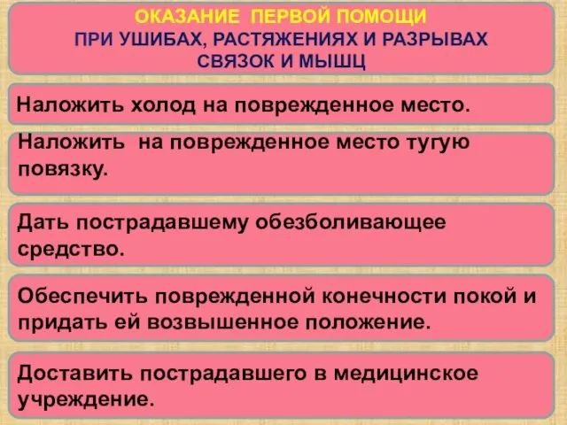 ОКАЗАНИЕ ПЕРВОЙ ПОМОЩИ ПРИ УШИБАХ, РАСТЯЖЕНИЯХ И РАЗРЫВАХ СВЯЗОК И МЫШЦ Наложить холод