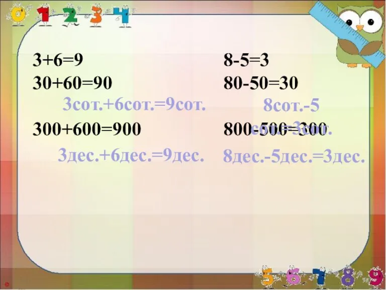 3+6=9 8-5=3 30+60=90 80-50=30 300+600=900 800-500=300 3дес.+6дес.=9дес. 8дес.-5дес.=3дес. 3сот.+6сот.=9сот. 8сот.-5сот.=3сот.