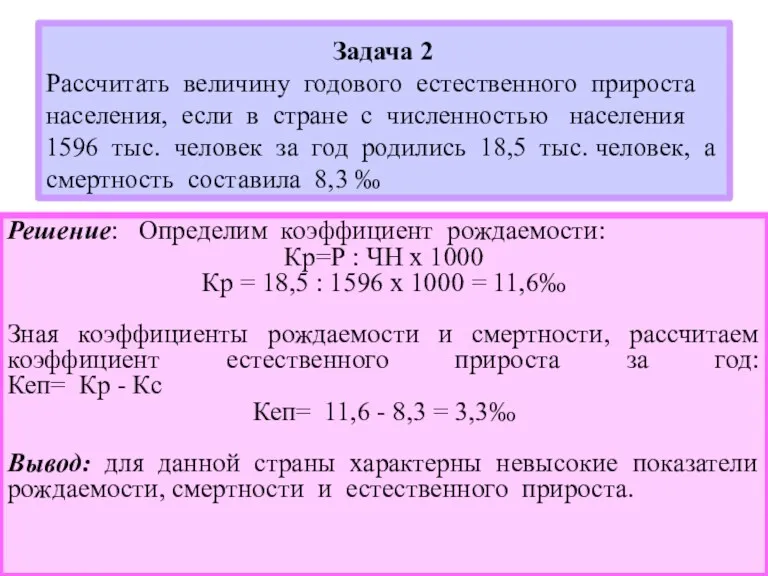 Задача 2 Рассчитать величину годового естественного прироста населения, если в