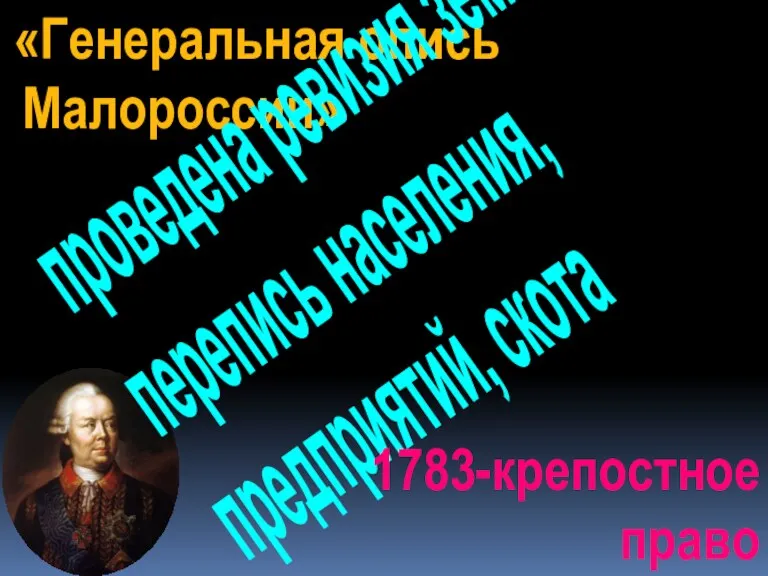 «Генеральная опись Малороссии» проведена ревизия земель, перепись населения, предприятий, скота 1783-крепостное право