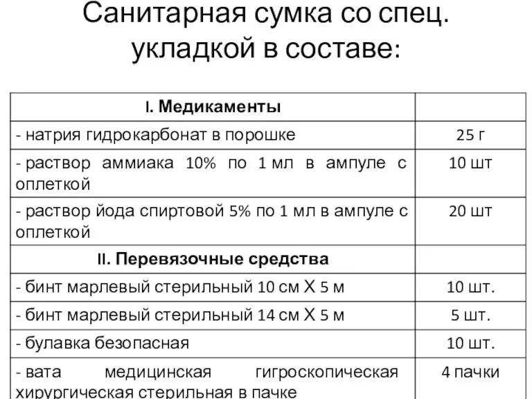 Санитарная сумка со спец. укладкой в составе: