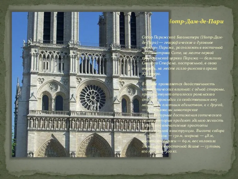 Нотр-Дам-де-Пари Собор Парижской Богоматери (Нотр-Дам-де-Пари) — географическое и духовное «сердце»