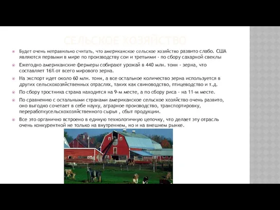 СЕЛЬСКОЕ ХОЗЯЙСТВО Будет очень неправильно считать, что американское сельское хозяйство