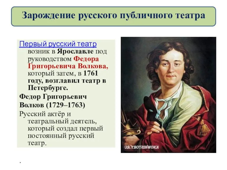 Первый русский театр возник в Ярославле под руководством Федора Григорьевича