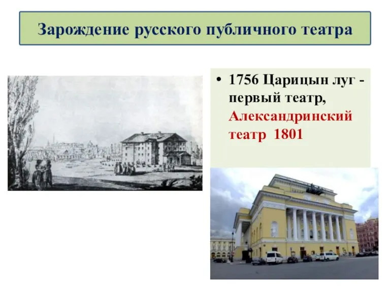 1756 Царицын луг - первый театр, Александринский театр 1801 Зарождение русского публичного театра