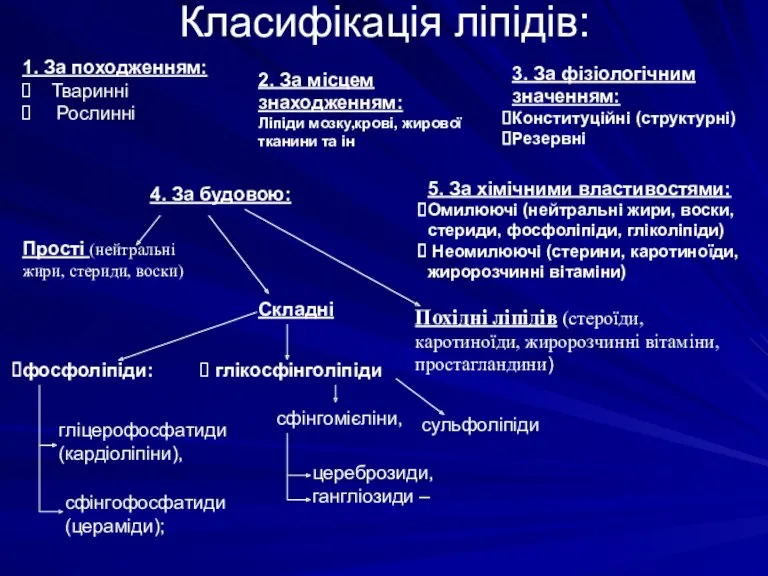 Класифікація ліпідів: 1. За походженням: Тваринні Рослинні 2. За місцем