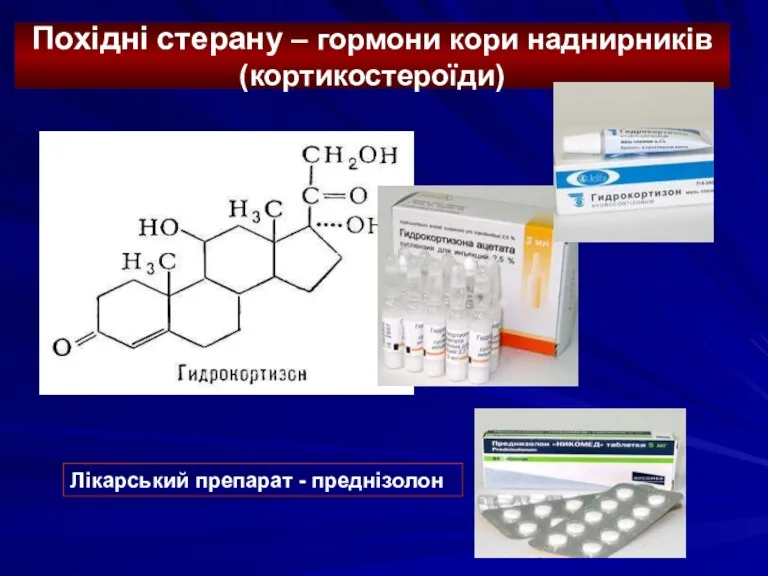 Похідні стерану – гормони кори наднирників (кортикостероїди) Лікарський препарат - преднізолон