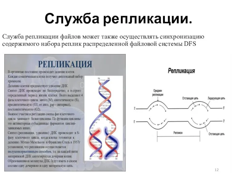 Служба репликации. Служба репликации файлов может также осуществлять синхронизацию содержимого набора реплик распределенной файловой системы DFS