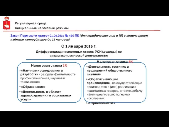 Регуляторная среда. Специальные налоговые режимы Закон Пермского края от 01.04.2015