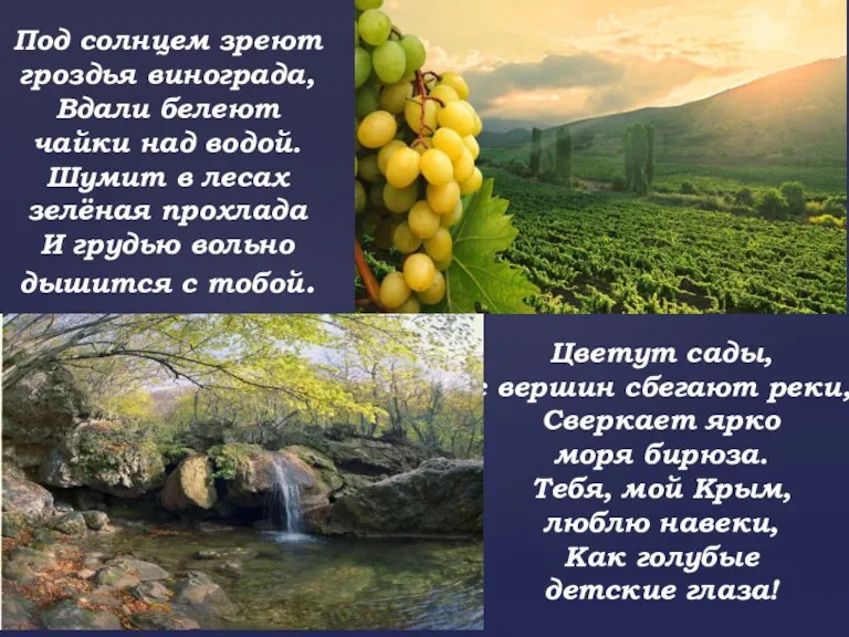 Под солнцем зреют гроздья винограда, Вдали белеют чайки над водой.