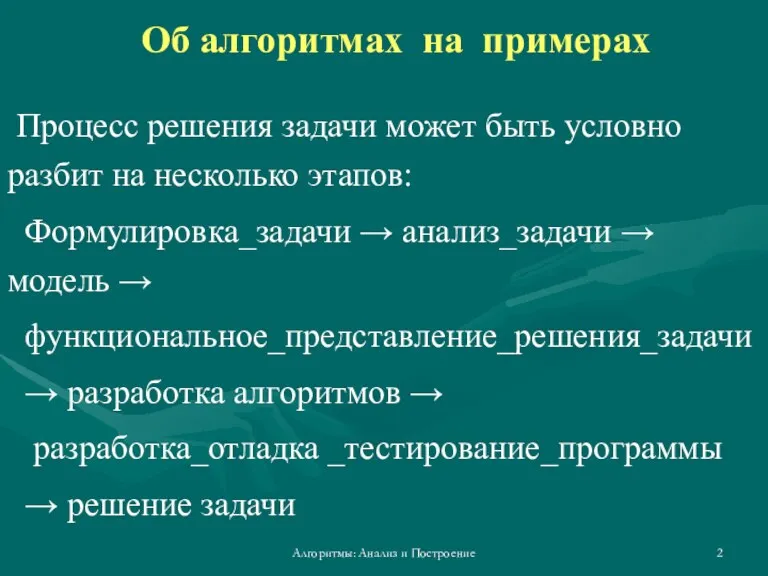 Алгоритмы: Анализ и Построение Об алгоритмах на примерах Процесс решения