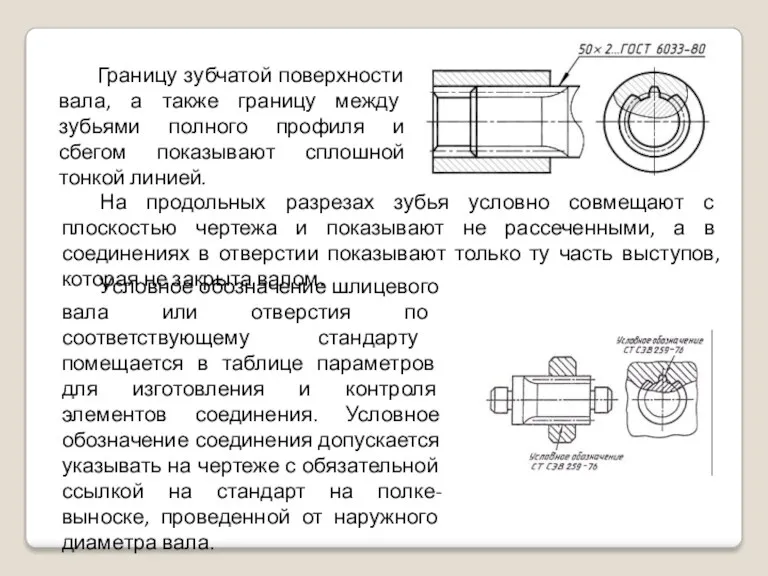 Границу зубчатой поверхности вала, а также границу между зубьями полного