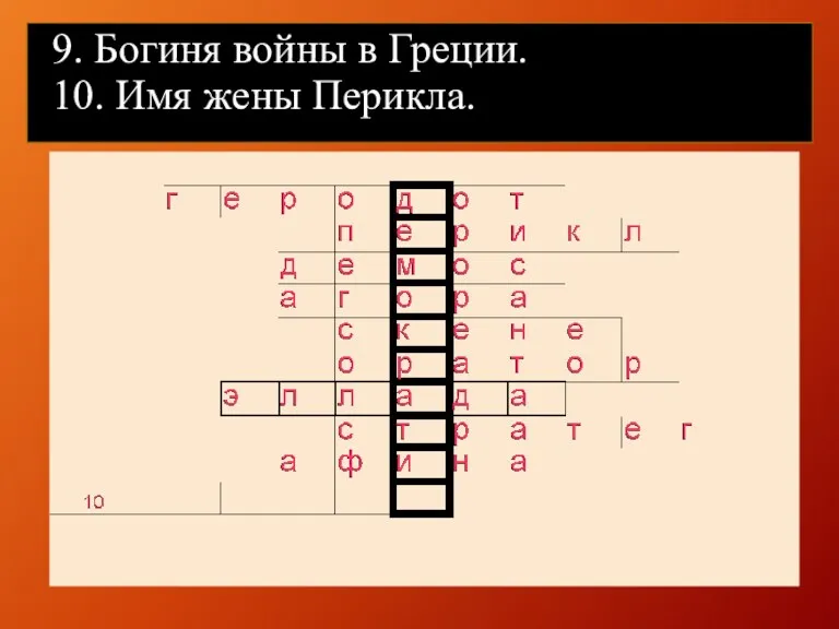 9. Богиня войны в Греции. 10. Имя жены Перикла.