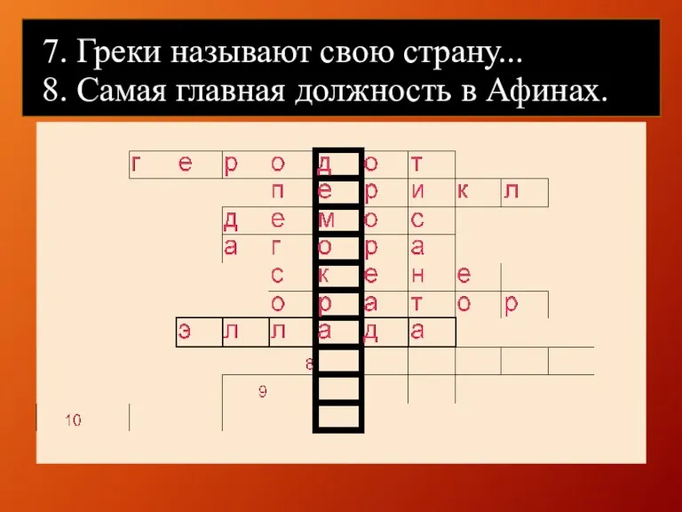 7. Греки называют свою страну... 8. Самая главная должность в Афинах.