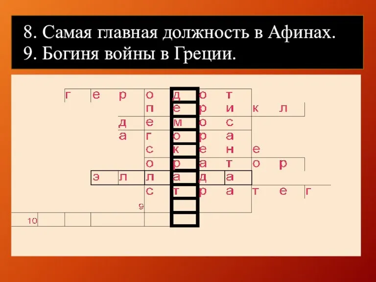 8. Самая главная должность в Афинах. 9. Богиня войны в Греции.